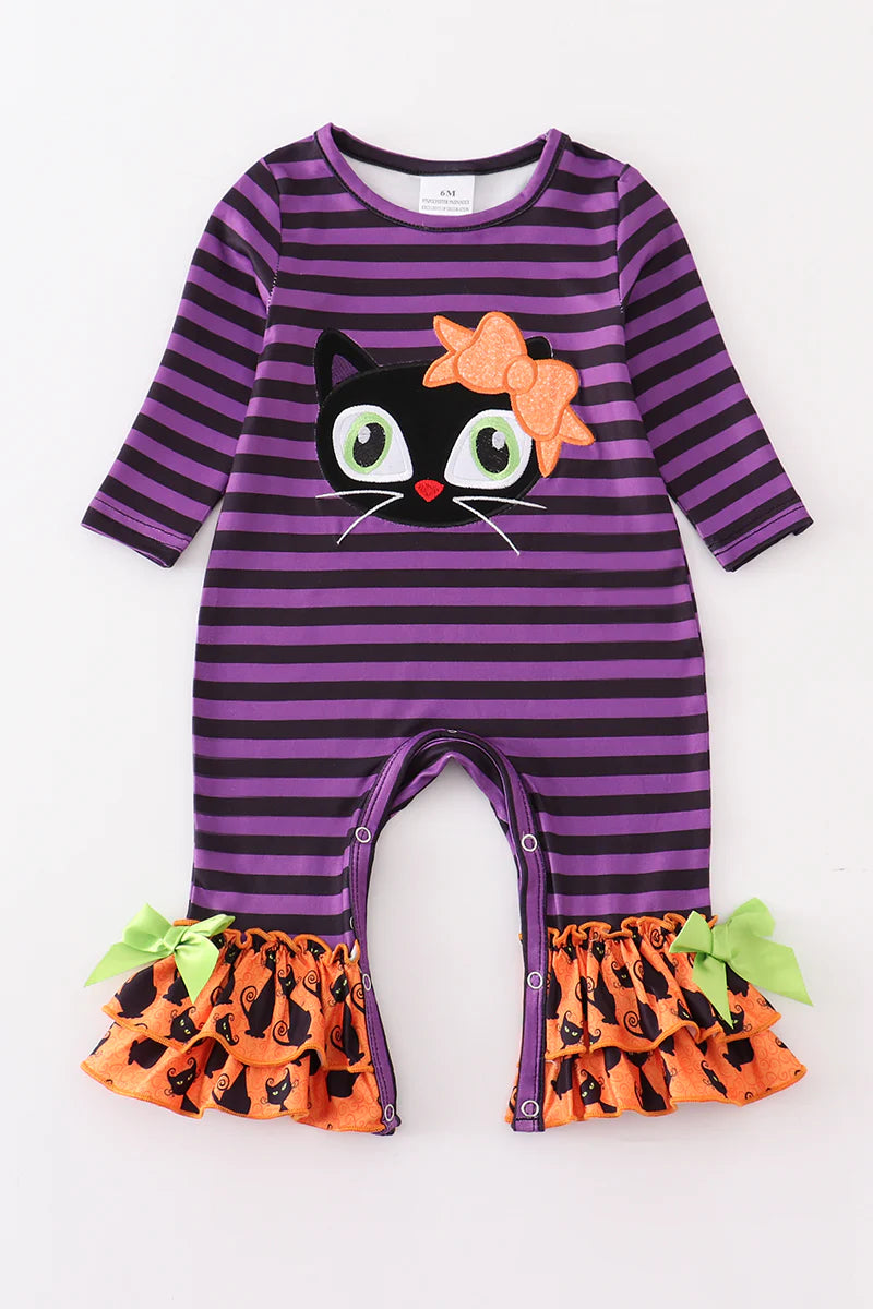 Purple Cat Applique Halloween Romper 6M